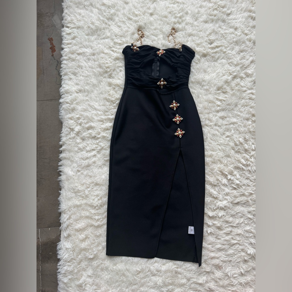 Strapless Black Midi Dress with Embellished Buttons